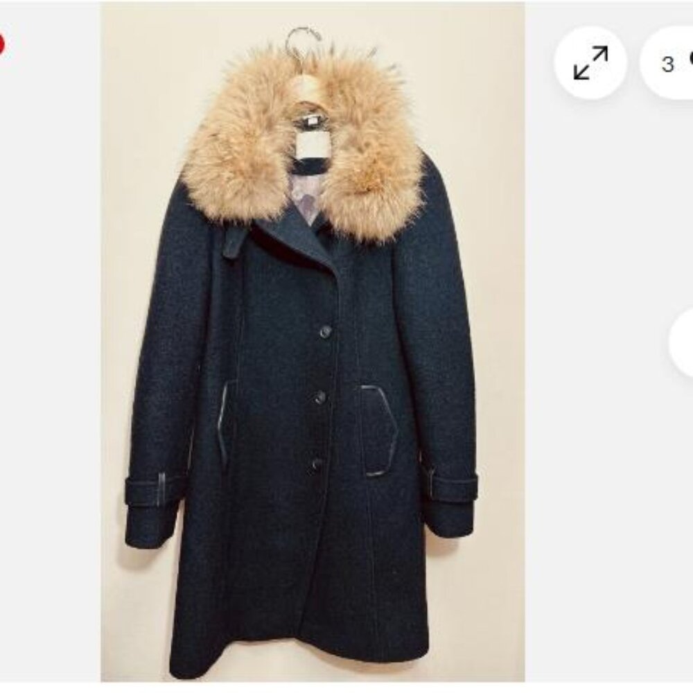 WOMENS SOIA & KYO BLACK DOUBLE BREASTED WOOL COAT REMOVABLE RACCOON FUR SZ LARGE